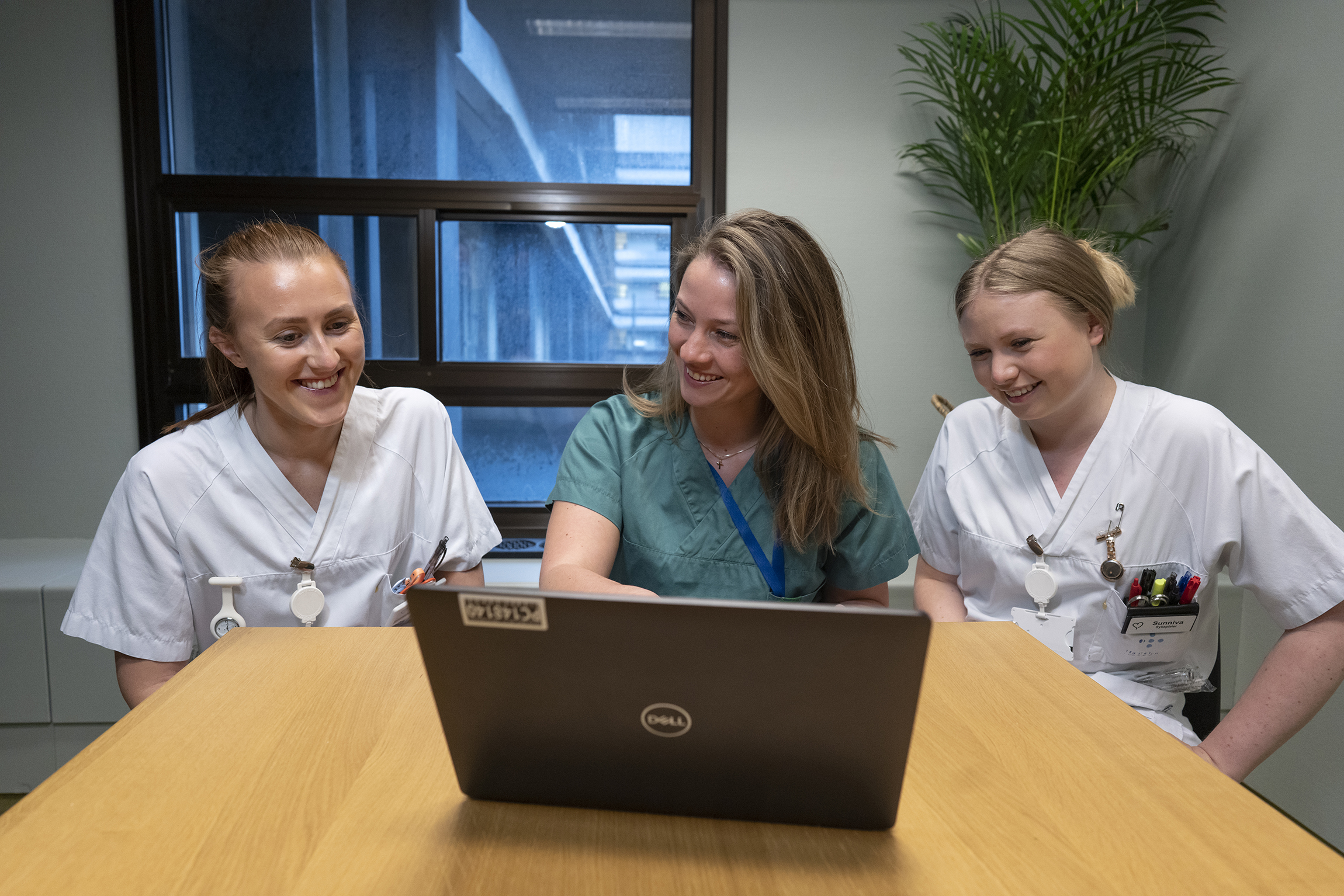 Helsepersonell foran en datamaskin