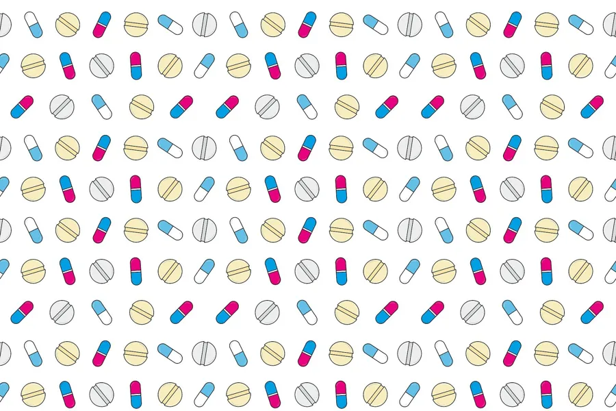 Bakgrunnsmønster med tegning av tabletter og kapsler