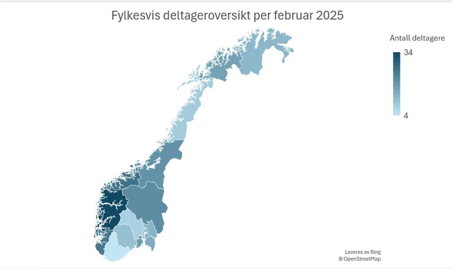 Norgeskart som viser fylkesvis oversikt over antall deltagende sykehjem