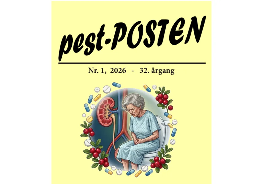 Forside på et magasin med tegning av en pasient som sitter på et toalett