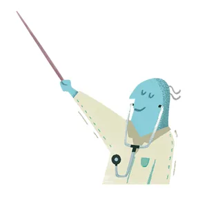 Illustrasjon av en lege med stetoskop som peker