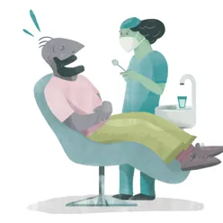 Illustrasjon av en tannlege og pasient