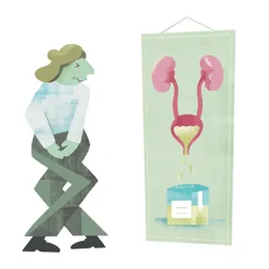 Illustrasjon av en person som krysser bena og en illustrasjon av en blære med urin i en kopp.