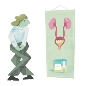 Illustrasjon av en person som krysser bena og en illustrasjon av en blære med urin i en kopp.