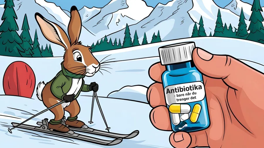 Påskehare på ski i fjellet og en hånd som holder en boks med antibiotika