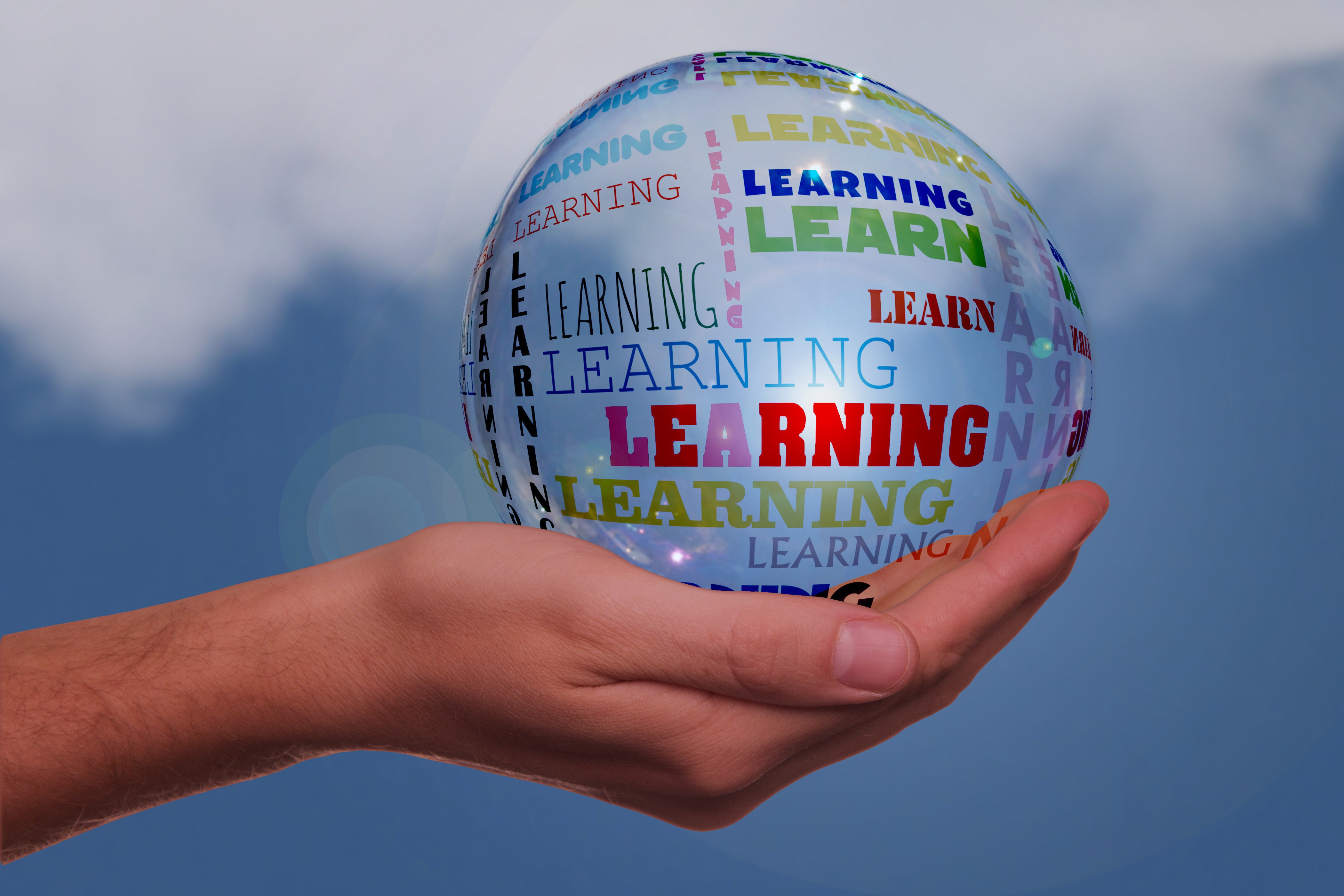 En hånd som holder en ball med påskriften, "learning"