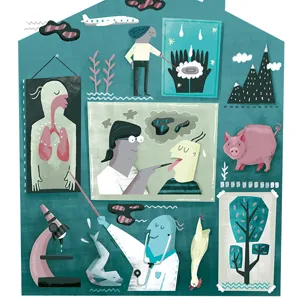Illustrasjon av et hus med ulike figurer