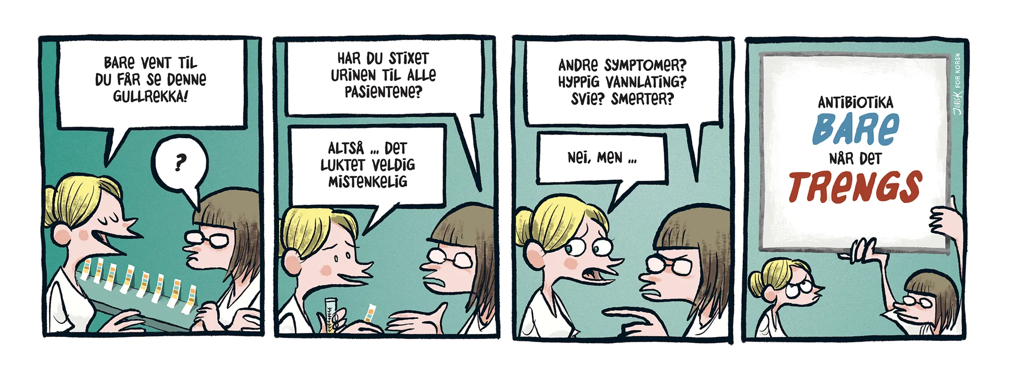Tegneseriestripe om urinstix til illustrasjon på side