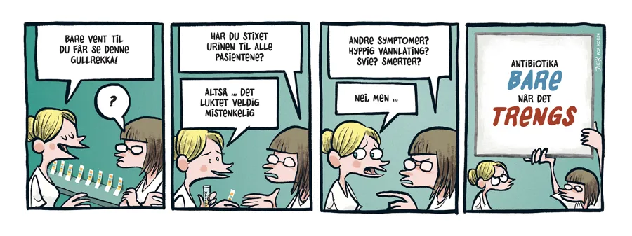 Tegneseriestripe om urinstix til illustrasjon på side