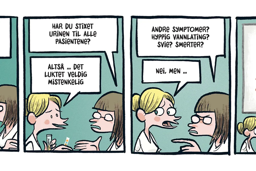 Tegneseriestripe om urinstix til illustrasjon på side