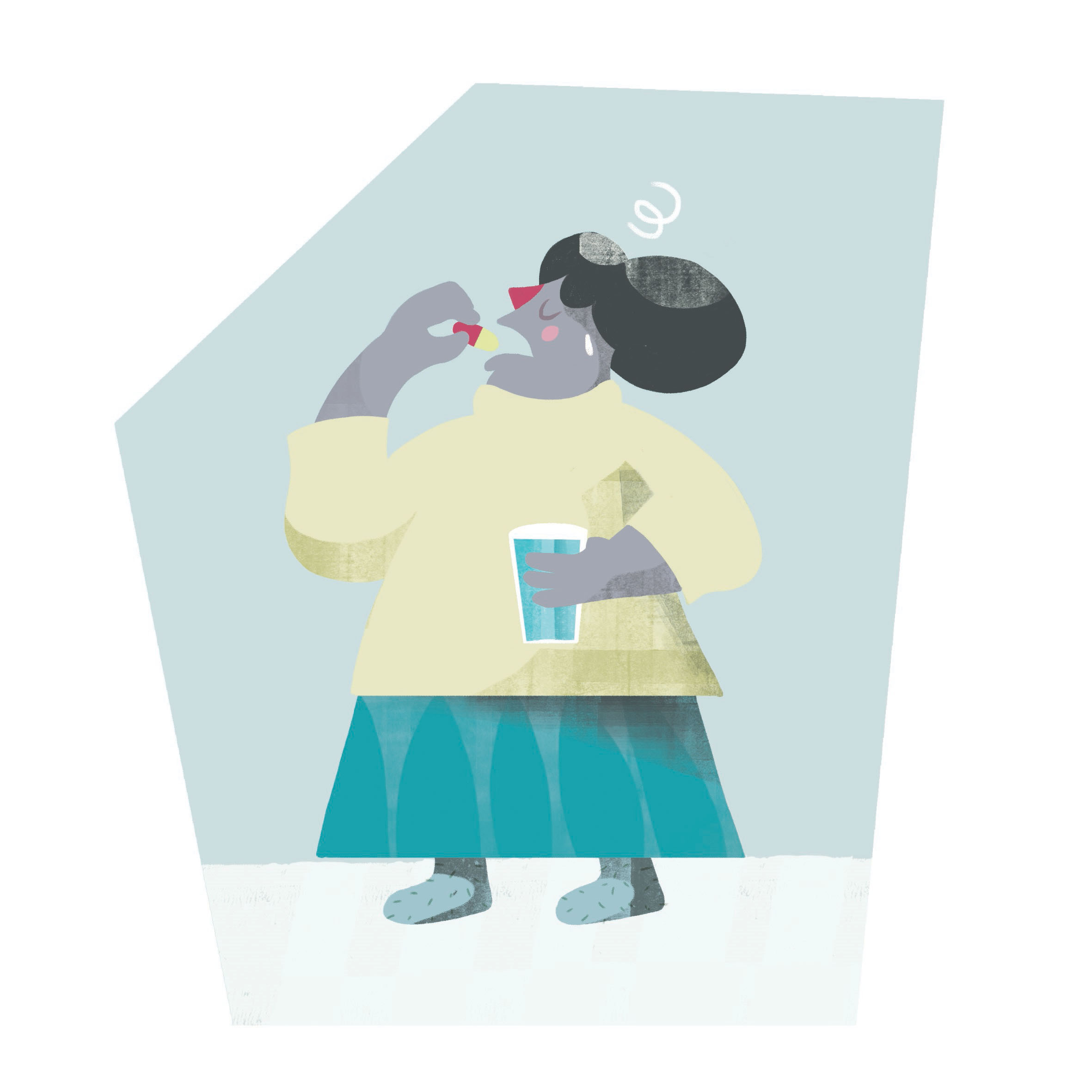 Illustrasjon av en dame som tar en pille