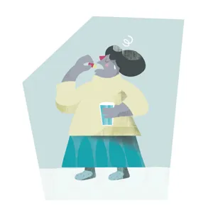 Illustrasjon av en dame som tar en pille