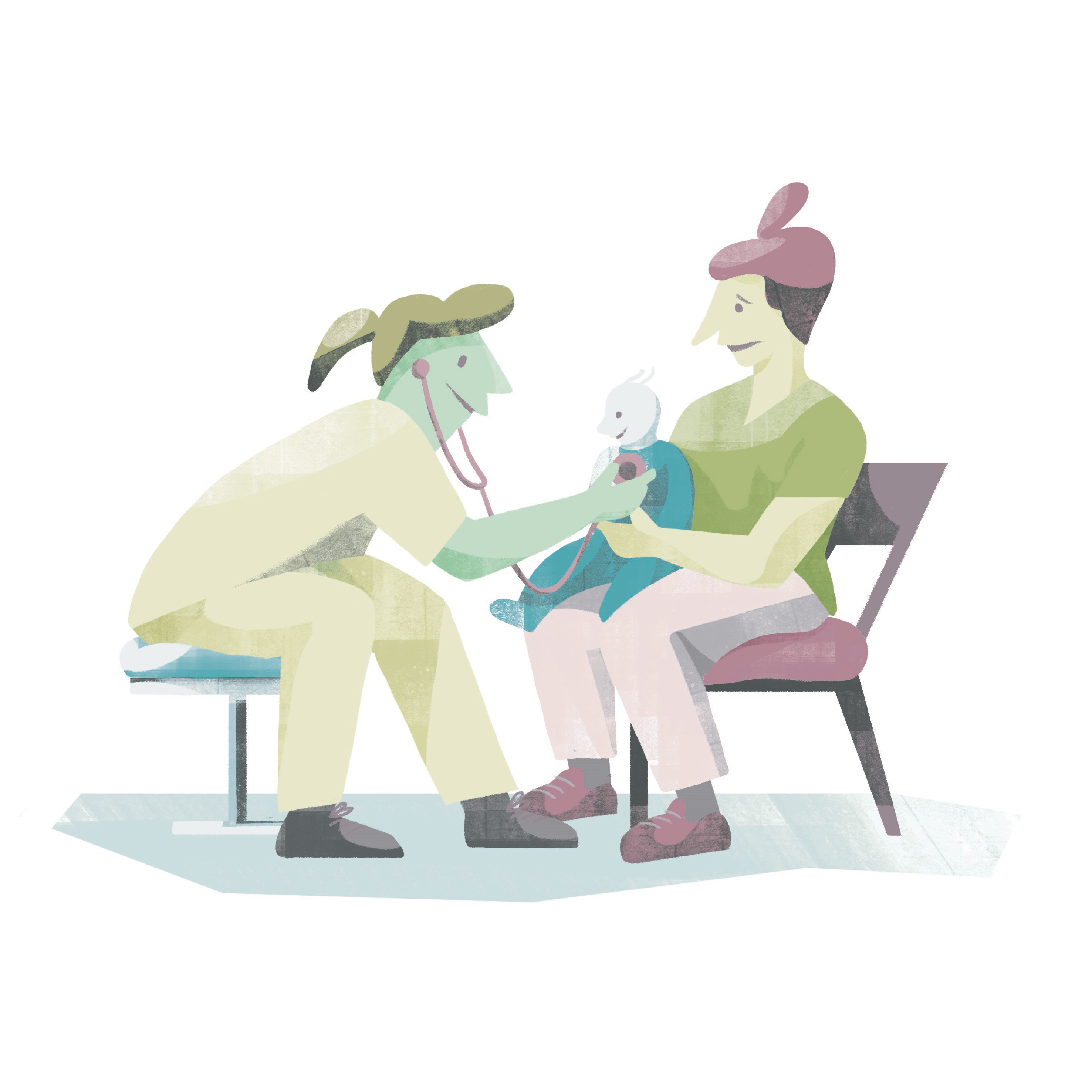 Illustrasjon av en lege og pasient med et barn