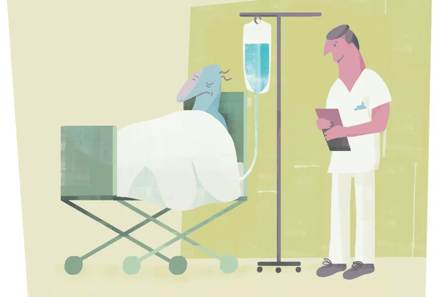 Illustrasjon av en lege og en pasient i sykeseng