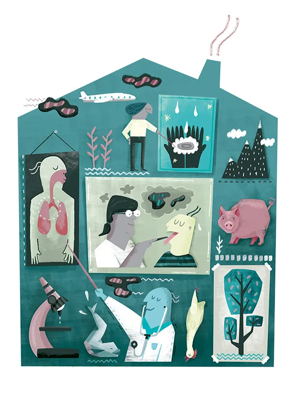 Illustrasjon av et hus med ulike figurer